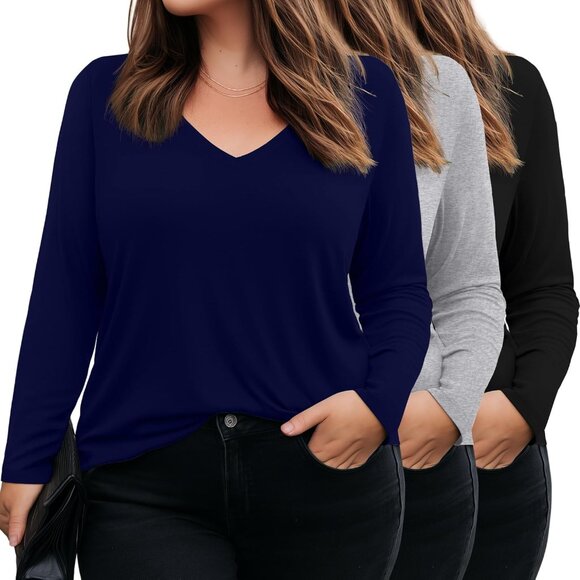 Chic 3 Pack Women’s Plus Size Soft V-Neck Long Sleeve Tops - Spring to Winter - Picture 1 of 6